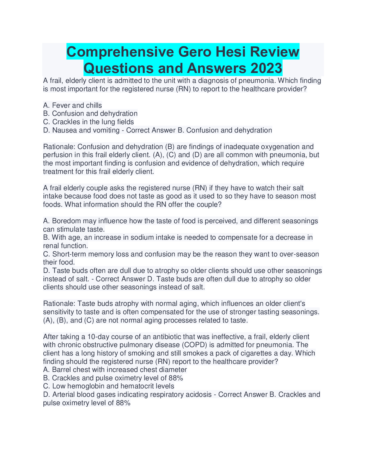 Preview image for Comprehensive Gero Hesi Review Questions and Answers 2023
